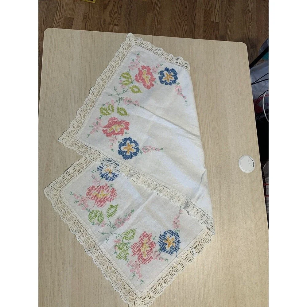 Vintage Floral embroidered dresser scarf- pale yellow